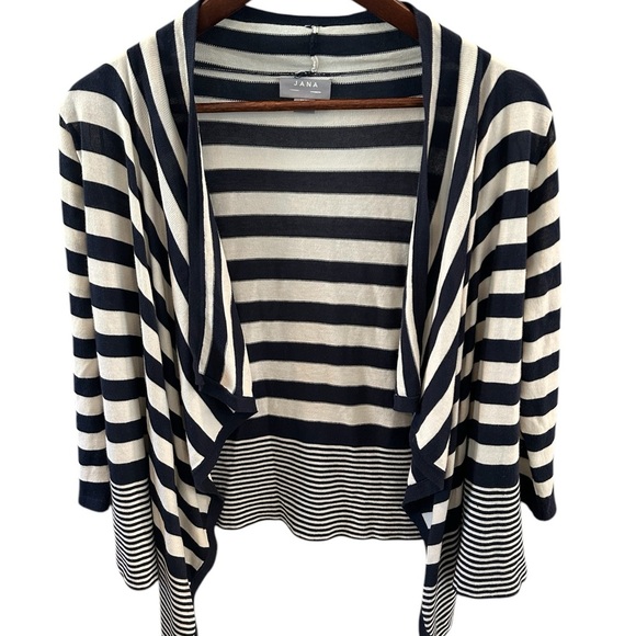 Jana Women’s M Nautical Stripe Open Front Waterfall Cardigan Navy & White - Picture 2 of 7